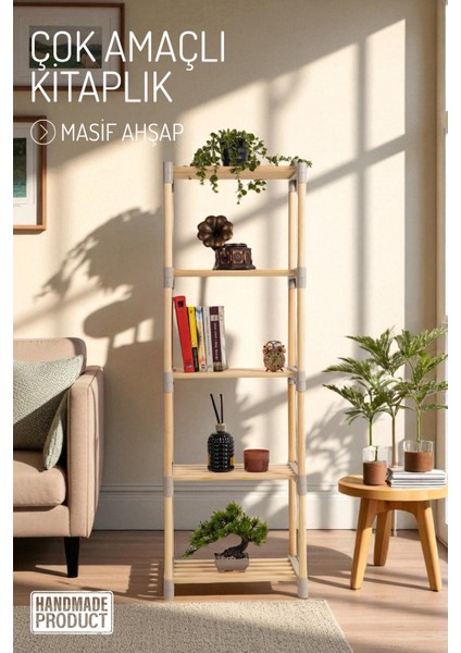 5 Katlı Geniş Kullanım Kitaplık, Kitap Düzenleyici, Çok Amaçlı Masif Ahşap Raf
