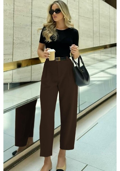 Kahverengi Yüksek Bel Pileli Kadın Kumaş Pantolon MG2507