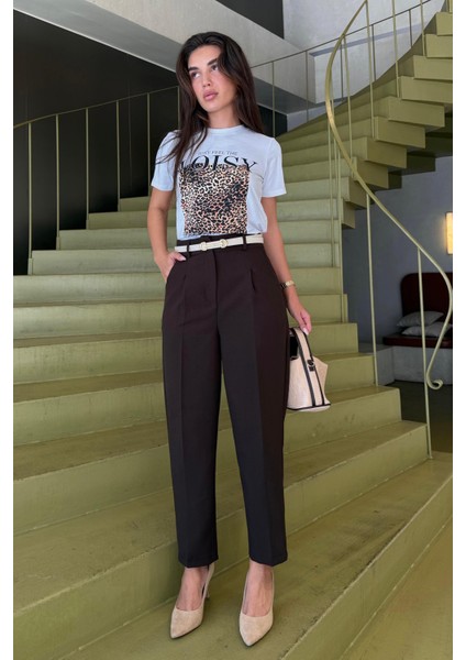 Kahverengi Yüksek Bel Pileli Kadın Kumaş Pantolon MG2507 fiyatları