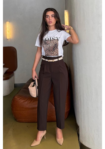 Kahverengi Yüksek Bel Pileli Kadın Kumaş Pantolon MG2507 fırsatları