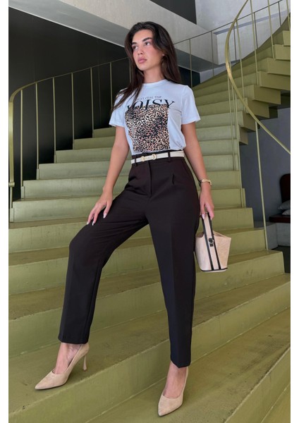 Kahverengi Yüksek Bel Pileli Kadın Kumaş Pantolon MG2507 indirimleri