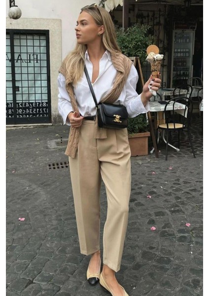 Taş Rengi Yüksek Bel Pileli Kadın Kumaş Pantolon MG2507