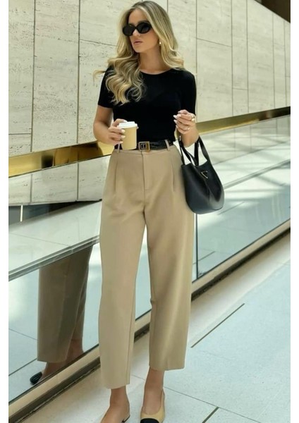 Taş Rengi Yüksek Bel Pileli Kadın Kumaş Pantolon MG2507 fırsatları