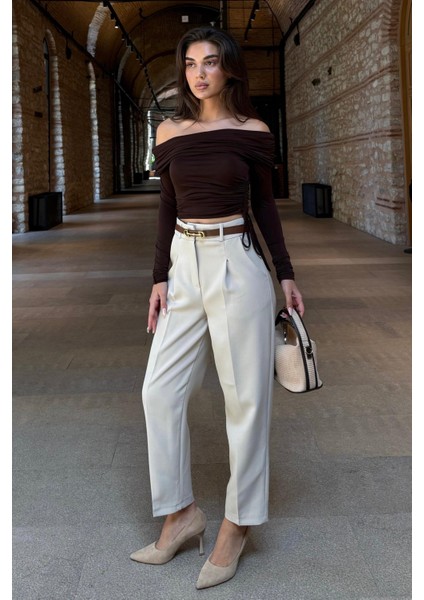 Taş Rengi Yüksek Bel Pileli Kadın Kumaş Pantolon MG2507 indirimleri