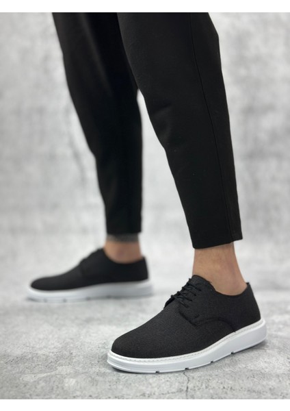 ET0003 Bağcıklı Klasik Spor Keten Siyah Beyaz Taban Casual Erkek Ayakkabı