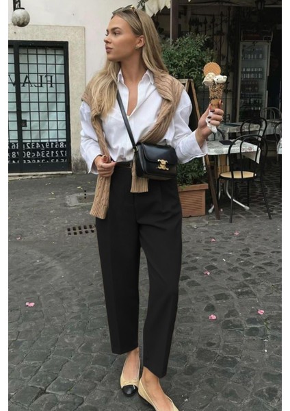 Siyah Yüksek Bel Pileli Kadın Kumaş Pantolon MG2507