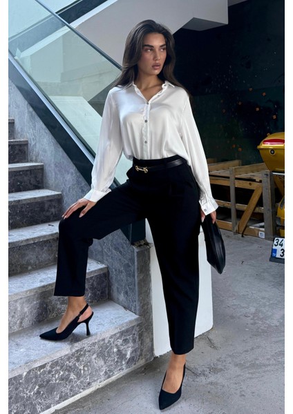 Siyah Yüksek Bel Pileli Kadın Kumaş Pantolon MG2507 fiyatları