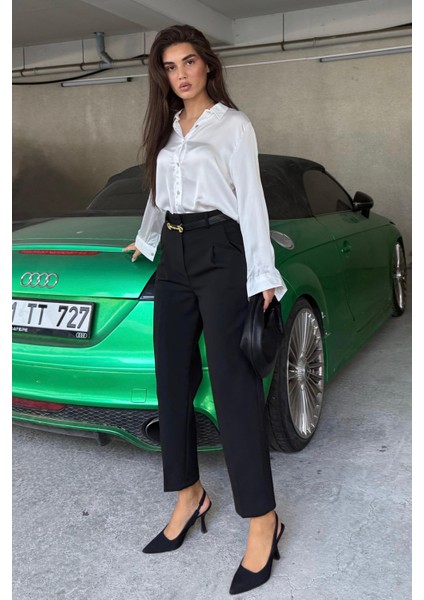 Siyah Yüksek Bel Pileli Kadın Kumaş Pantolon MG2507 fırsatları