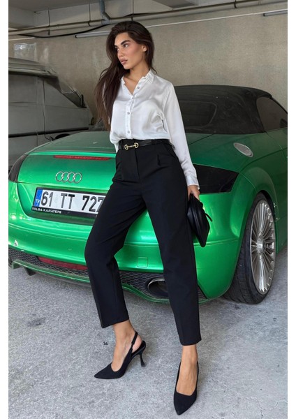 Siyah Yüksek Bel Pileli Kadın Kumaş Pantolon MG2507 indirimleri