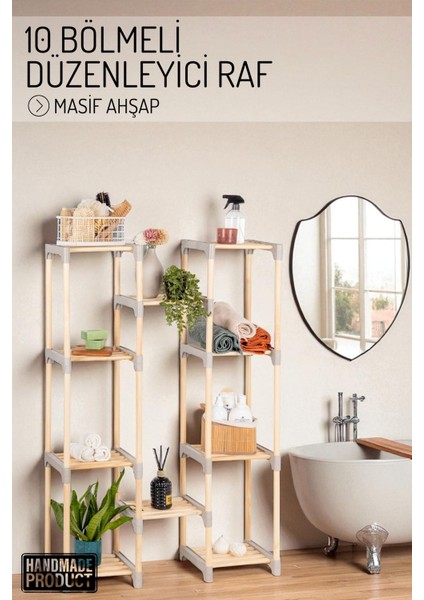 10 Bölmeli Masif Ahşap Düzenleyici Raf – Çok Katlı Depolama ve Organizer Ünitesi