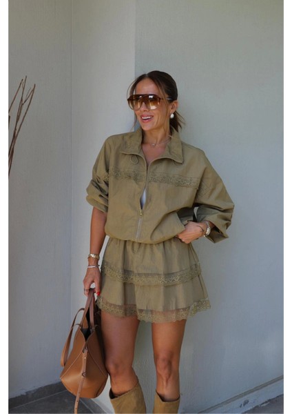 Yağ Yeşili Dantel Detay Ceket Etek Takım