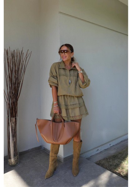 Yağ Yeşili Dantel Detay Ceket Etek Takım fiyatları