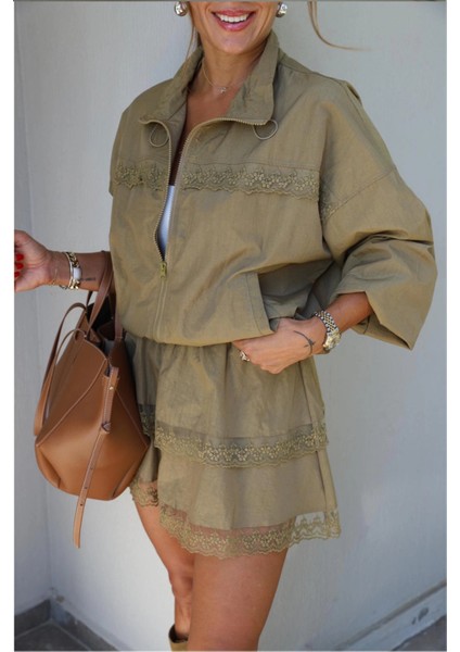 Yağ Yeşili Dantel Detay Ceket Etek Takım modelleri