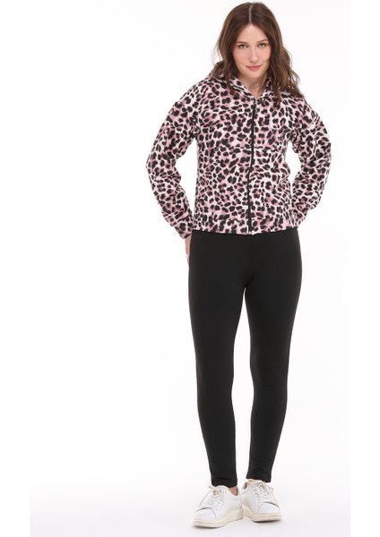 Kapüşonlu Fermuarlı Leopar Desen Üç Iplik Şardonlu Eşofman Üstü, Ceket