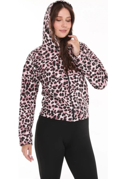 Kapüşonlu Fermuarlı Leopar Desen Üç Iplik Şardonlu Eşofman Üstü, Ceket indirimleri