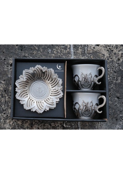 Beyaz Renkli Gümüş Desenli 2 Kişilik Zemzem Takımı