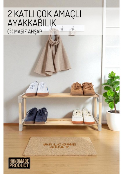 2 Katlı Ayakkabı Düzenleyici, Çok Amaçlı Ayakkabılık, Masif Ahşap Raf