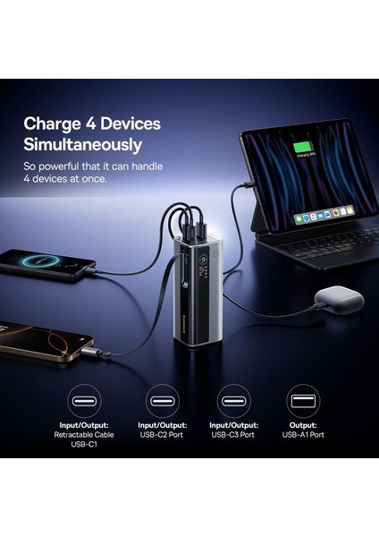 Energeek GR11 145W 20.000 Mah Geri Çekilebilir Dahili Type-C Kablolu 2x Type-C 1xusb Powerbank titanyum gri indirimleri