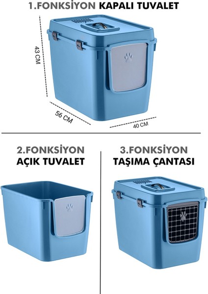 HZ-500 Xxl 3 Fonksiyonlu Açık / Kapalı Kedi Tuvaleti ve Taşıma Çantası Mavi 56 x 40 x 43 cm
