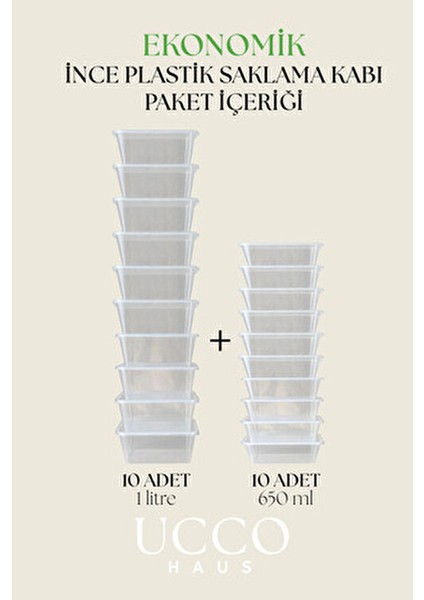 20(10+10) Adet Ekonomik Saklama Kabı Seti – 10X650 ml 10X1000 ml Mikrodalga Buzluk Dondurucu Erzak