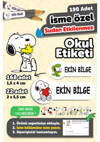 Okul Etiketi Kalem Defter Isimli Etiket Isim Yazılabilen Snopy - 190 Adet Özel Tasarım Etiket