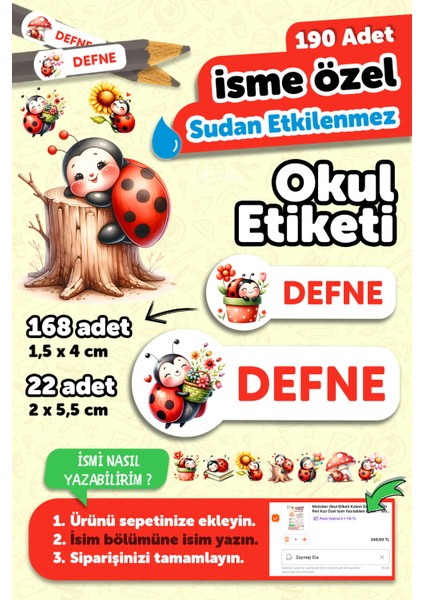 Okul Etiketi Kalem Defter Isimli Etiket Isim Yazılabilen Uğurböceği - 190 Adet Özel Tasarım Etiket