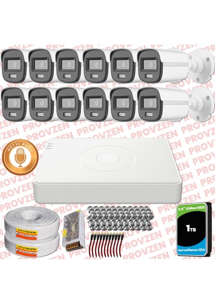 Hikvision 12'li Full Hd Güvenlik Kamerası Set 7/24 Renkli, Mikrofonlu, Olay Anında Bildirim
