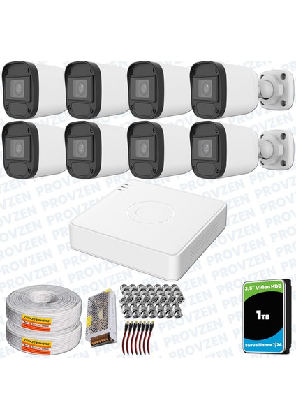 Hikvision Unv 8'li Full Hd Güvenlik Kamerası Set Gece Görüş, Mikrofon, Olay Anında Bildirim