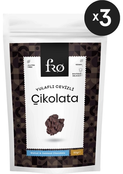 3'lü Paket Yulaflı Cevizli Çikolata Vegan Glutensiz Şekersiz Sağlıklı Atıştırmalık 3X50GR