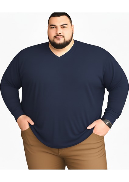Erkek Büyük Beden Oversize Uzun Kollu V Yaka T-Shirt 3xl 4xl 5xl 6xl 7xl 8xl 9xl