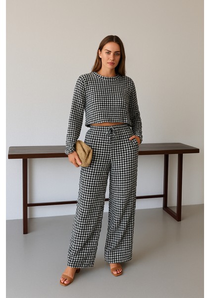 Bürümcük Kumaş Crop Uzun Kollu Bisiklet Yaka Üst ve Beli Lastikli Bol Paça Pantolon Takım - Normal ve Büyük Beden