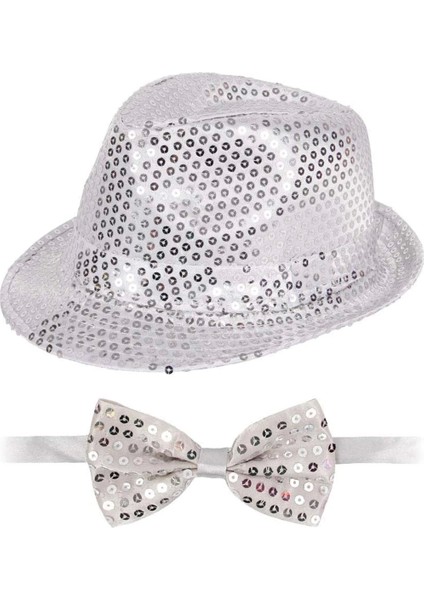 Gümüş Payetli Şapka ve Papyon Seti - Parıltılı Yetişkin Kostüm Seti fiyatları