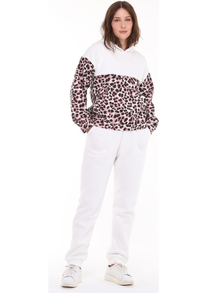 Kadın Leopar Desenli Üç Iplik Şardonlu Alt Üst Eşofman Takımı