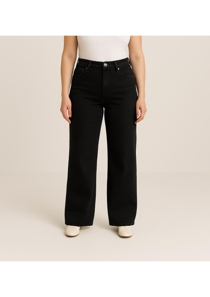 -Büyük Beden Geniş Paça Esnek Likralı Yüksek Bel Kotpantolon