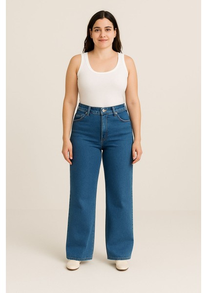 -Büyük Beden Geniş Paça Esnek Likralı Yüksek Bel Kotpantolon