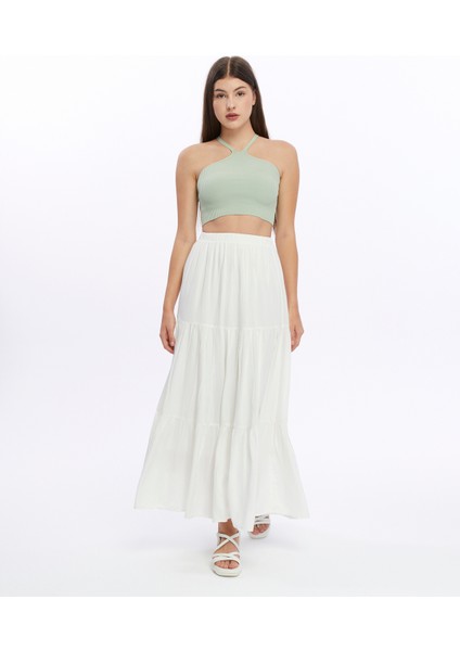 Astarlı Viskon Kumaş Beyaz Uzun Fırfırlı Etek fiyatları