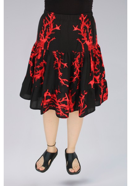 Viskon Kumaş Siyah-Kırmızı Mercan Desenli Midi Boy Kadın Şort Etek