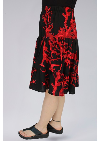 Viskon Kumaş Siyah-Kırmızı Mercan Desenli Midi Boy Kadın Şort Etek indirimleri
