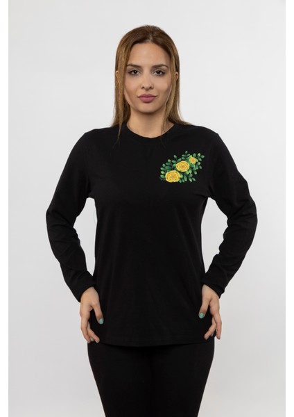Kadın Siyah Uzun Kollu Çiçek Baskı Tshırt
