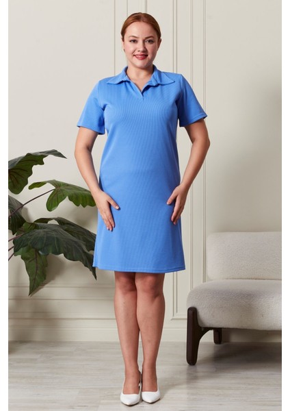 Fitilli Örme Kumaş Açık Mavi Kısa Kadın Elbise