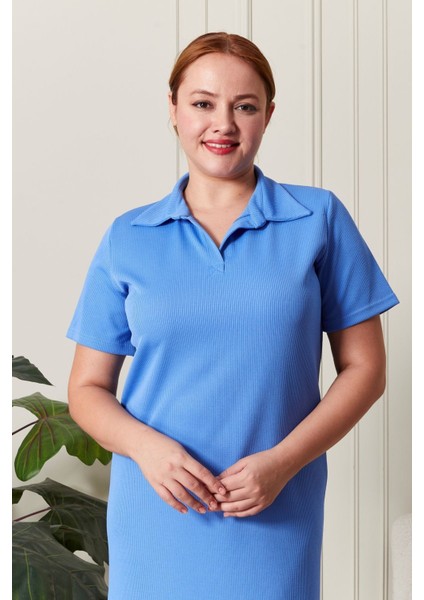 Fitilli Örme Kumaş Açık Mavi Kısa Kadın Elbise