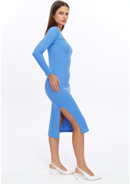 Fitilli Örme Kumaş Uzun Kollu Yırtmaçlı Midi Boy Elbise modelleri