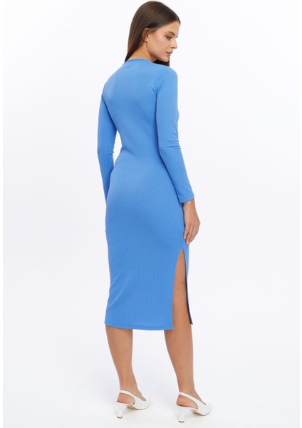 Fitilli Örme Kumaş Uzun Kollu Yırtmaçlı Midi Boy Elbise indirimleri