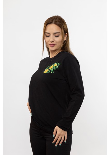 Kadın Siyah Uzun Kollu Çiçek Baskı Tshırt fiyatları