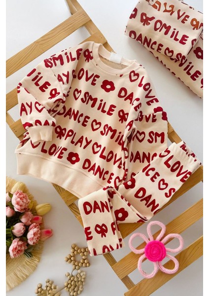 Smile Love Yazı Desenli Kız Çocuk 2 li takım - Krem