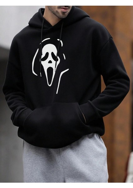 Oversize Geniş Kesim Uzun Kollu Kapüşonlu Sweatshirt – Siyah Hoodie Ghost Mask Baskılı