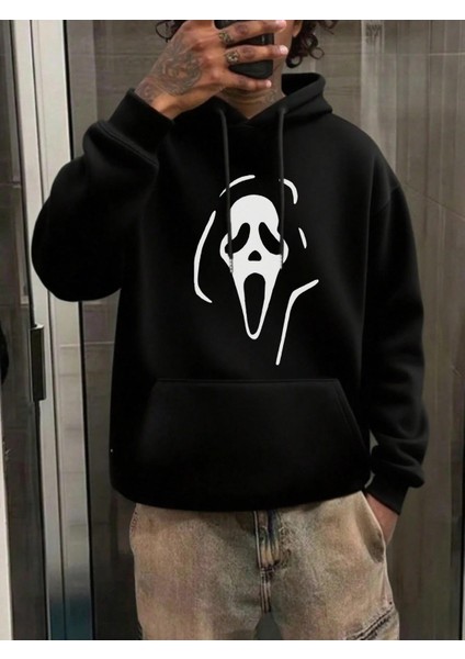 Oversize Geniş Kesim Uzun Kollu Kapüşonlu Sweatshirt – Siyah Hoodie Ghost Mask Baskılı fiyatları