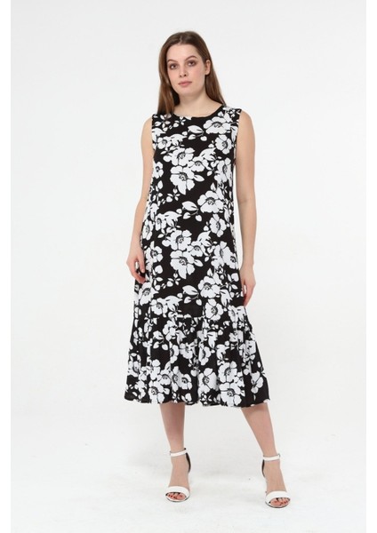 Kolsuz Viskon Kumaş Çiçek Desenli Uzun Elbise