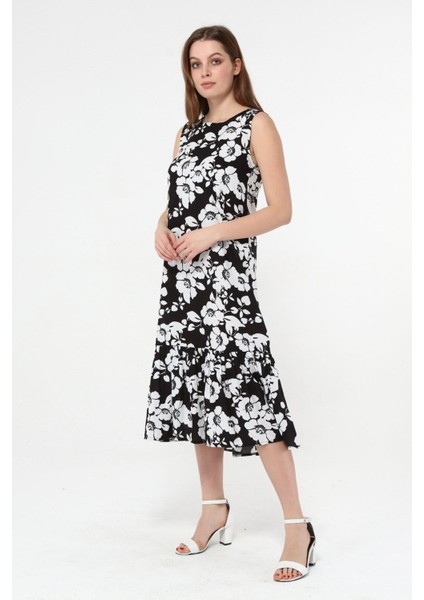 Kolsuz Viskon Kumaş Çiçek Desenli Uzun Elbise