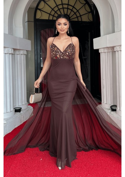 Tül Kumaş Taş Detaylı Sırtı Ipli Abiye Elbise - Kahverengi